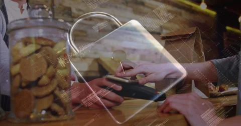 Image of network security padlock over people using payment terminal Stock Photos