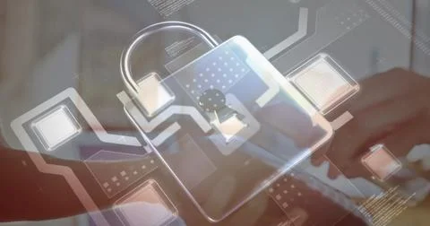 Image of network security padlock over people using payment terminal 스톡 사진