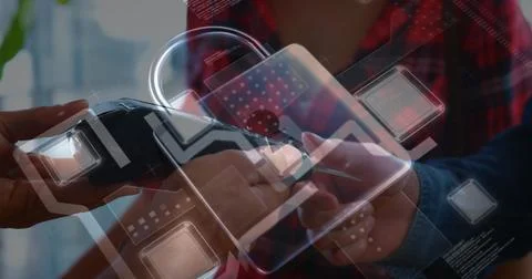 Image of network security padlock over people using payment terminal Foto stock