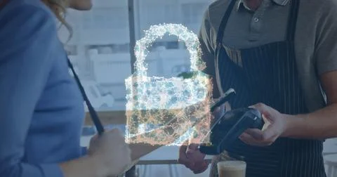 Image of network security padlock over people using payment terminal Foto stock