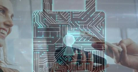 Image of network security padlock over people using payment terminal Stock Photos