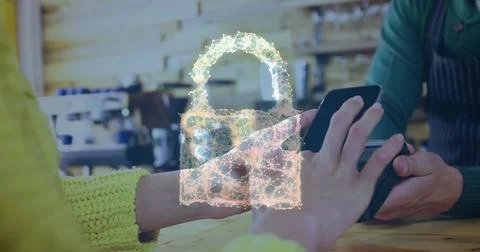 Image of network security padlock over people using payment terminal Stockfoto's