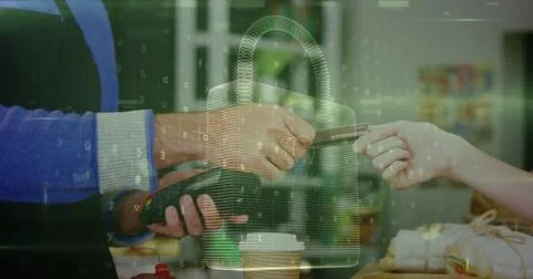 Image of network security padlock over people using payment terminal Stock Photos