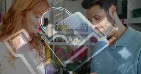 Image of network security padlock over people using payment terminal Stock Photos