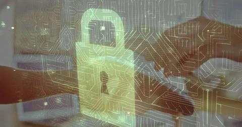 Image of network security padlock over people using payment terminal Foto stock