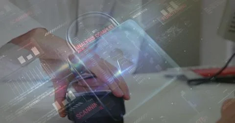Image of network security padlock over people using payment terminal Stockfoto's