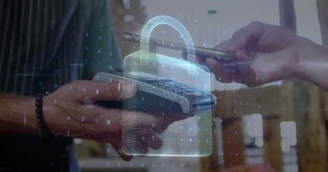 Image of network security padlock over people using payment terminal Foto stock