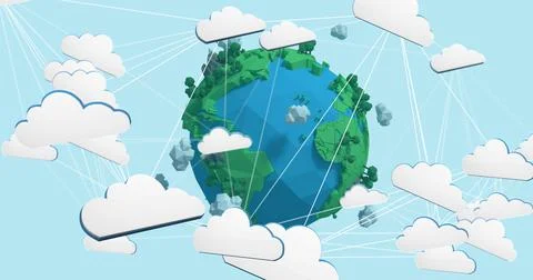 Image of network of white clouds over globe on blue background Illustrazione stock