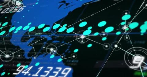 Image of networks and digital data processing over world map Illustrazione stock