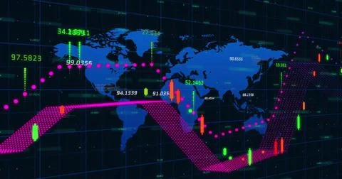 Image of networks and digital data processing over world map Illustrazione stock