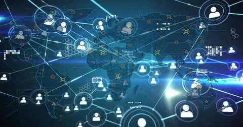 Image of networks and digital data processing over world map Illustrazione stock