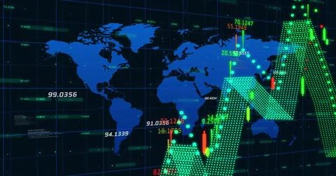 Image of networks and digital data processing over world map Illustrazione stock