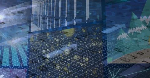 Image of networks of connections, binary coding and data processing on screens Illustrazione stock