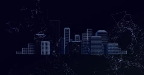Image of networks of connections, dna structure and cityscape on blue background Stock Illustration