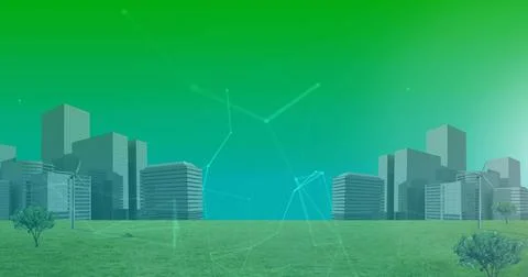 Image of networks of connections over cityscape on green background 스톡 일러스트