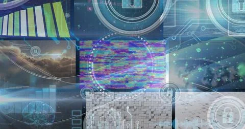 Image of networks of connections, security padlocks and data processing on 스톡 사진