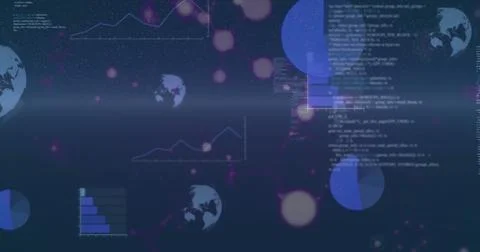 Image of networks, globes and processing data on dark background Stock Photos