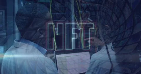 Image of nft and data processing over diverse it engineers by computer servers Stockfoto's