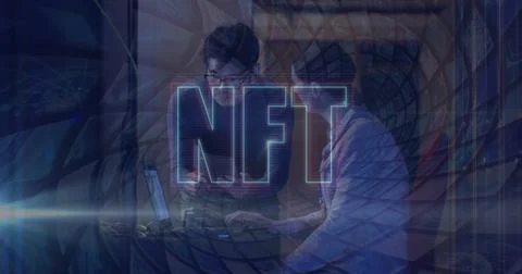 Image of nft and data processing over diverse it engineers by computer servers Stockfoto's