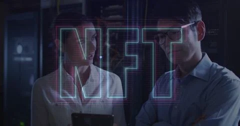Image of nft and data processing over diverse it engineers by computer servers Stockfoto's
