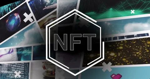 Image of nft in hexagon over screens with diverse data Stock-Illustration