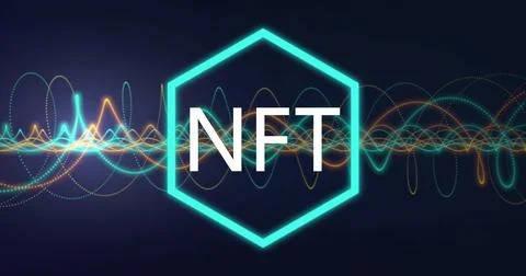 Image of nft in hexagon over waves on navy background Stock Photos