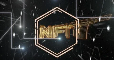 Image of nft in hexagons floating over black background with integrated circuit Stock-Illustration