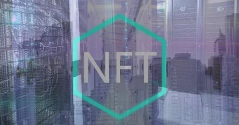 Image of nft logo over computer server room Fotos Stock
