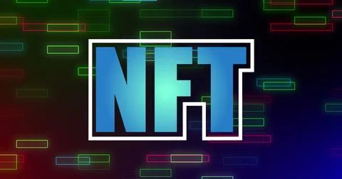 Image of nft over black background with neon rectangles Foto stock
