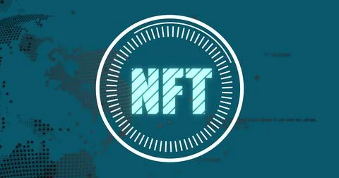 Image of nft over globe and data on green background 스톡 일러스트