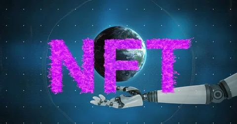 Image of nft over globe and arm of robot Illustrazione stock