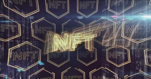 Image of nft over nft in hexagons over navy background Stock Illustration