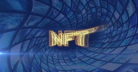 Image of nft over tunnel made of blue digital screens Illustrazione stock