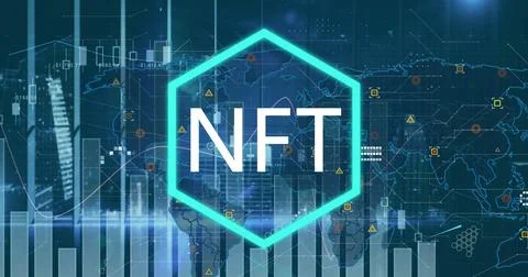 Image of nft symbol over graph and data processing over world map on blue 스톡 사진