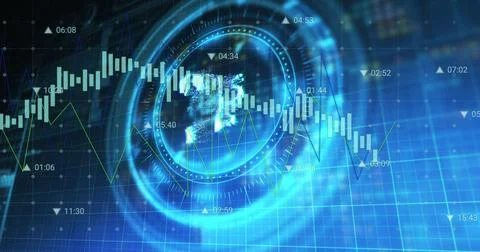 Image of nft symbol on rotating safe lock over financial data processing Stock Illustration