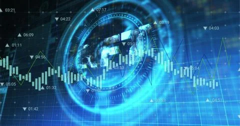 Image of nft symbol on rotating safe lock over financial data processing Illustrazione stock