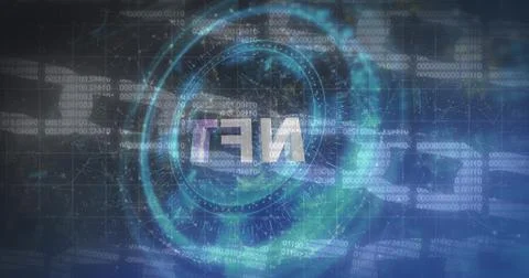 Image of nft symbol on rotating safe lock over digital chain and data processing Illustrazione stock