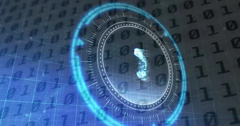Image of nft symbol on rotating safe lock over binary data processing and Stock Illustration