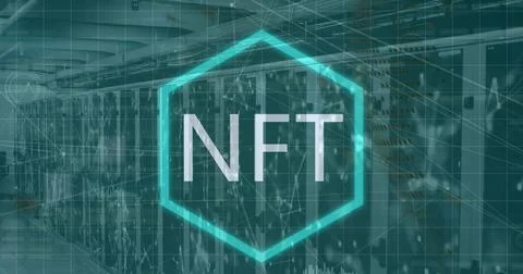 Image of nft text and data processing over server room and globe Stock Photos