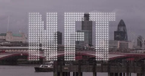 Image of nft text and data processing over london cityscape Foto stock