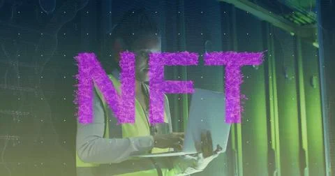 Image of nft text and data processing over female it engineer by computer Stockfoto's
