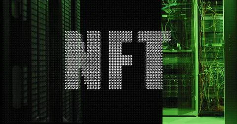 Image of nft text banner floating against computer server room Foto stock