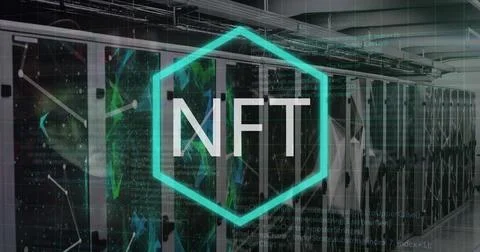 Image of nft text, data processing over computer servers Stock Illustration