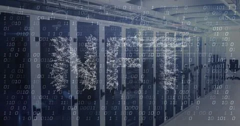 Image of nft text, data processing over computer servers Stock Photos