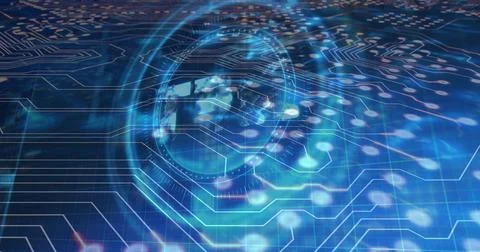 Image of nft text, data processing and scope with computer circuit board Stock Photos