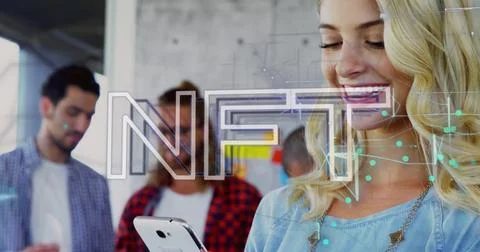 Image of nft text, dots over navigation pattern against smiling caucasian woman Stock Photos