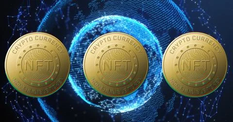 Image of nft text on golden coins and globe over dark background Stock Photos