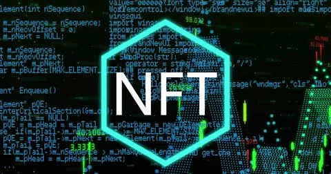 Image of nft text in hexagon over graphs, programming language and numbers on イラスト素材