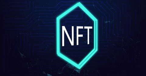 Image of nft text in neon hexagon and data processing over computer circuit Stock Illustration
