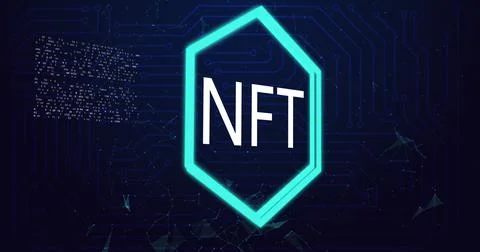 Image of nft text in neon hexagon and data processing over computer circuit Illustrazione stock
